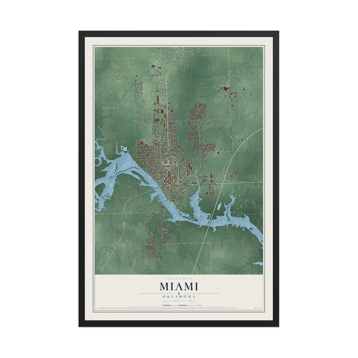 Map of Miami, Oklahoma, 12 x 18 inch print in a black wood frame