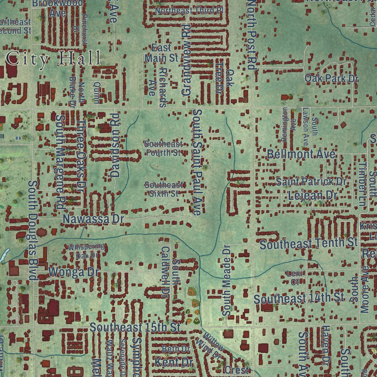 Second close-up of the map of Midwest City, Oklahoma print showing more streets and buildings
