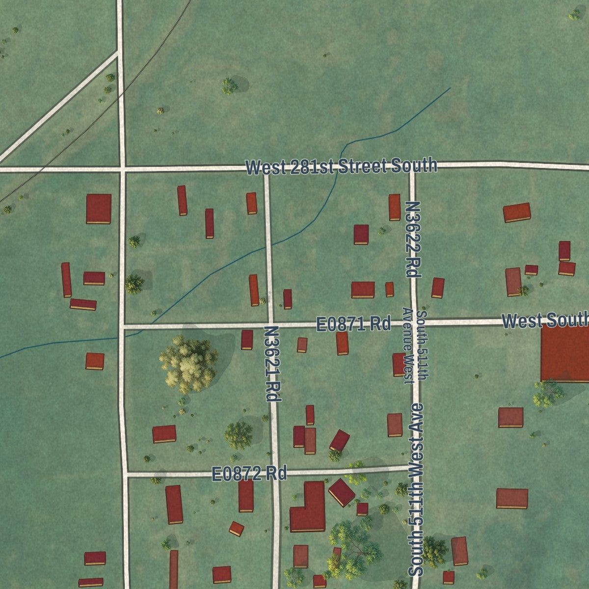 Close-up of the map of Milfay, Oklahoma print showing street and building detail
