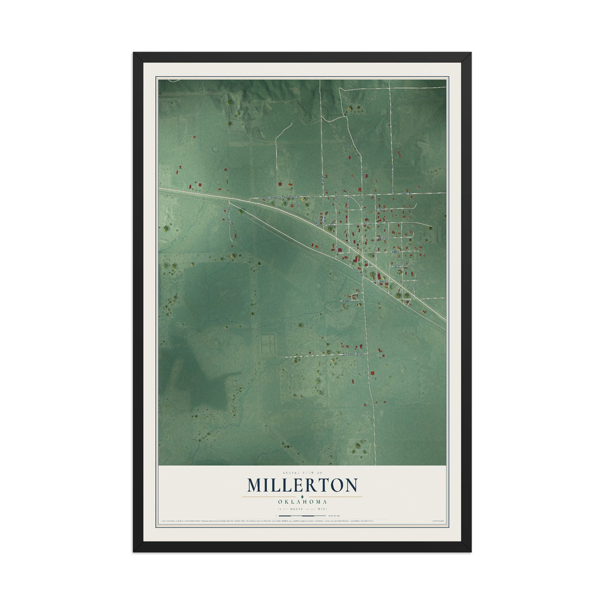 Map of Millerton, Oklahoma, 12 x 18 inch print in a black wood frame