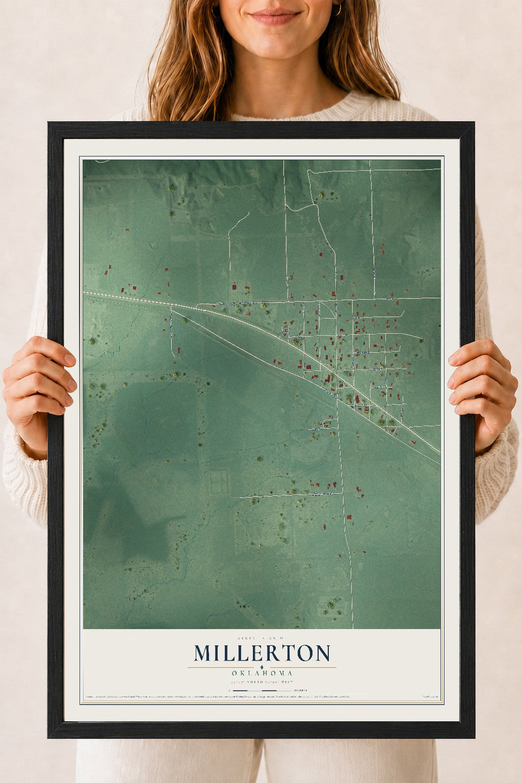Map of Millerton, Oklahoma, 18 x 24 inch print in a black wood frame