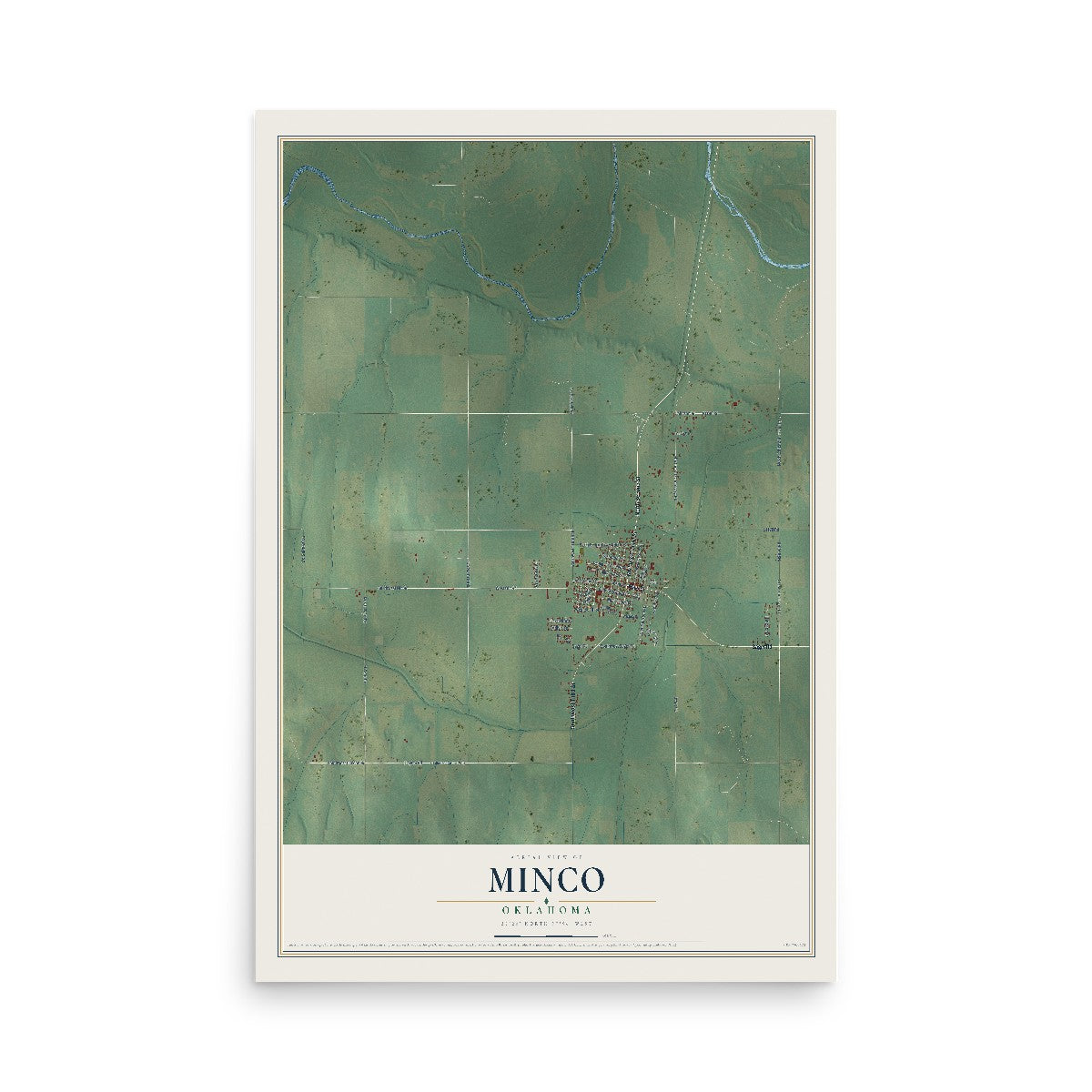 Map of Minco, Oklahoma, 12 x 18 inch unframed archival matte print