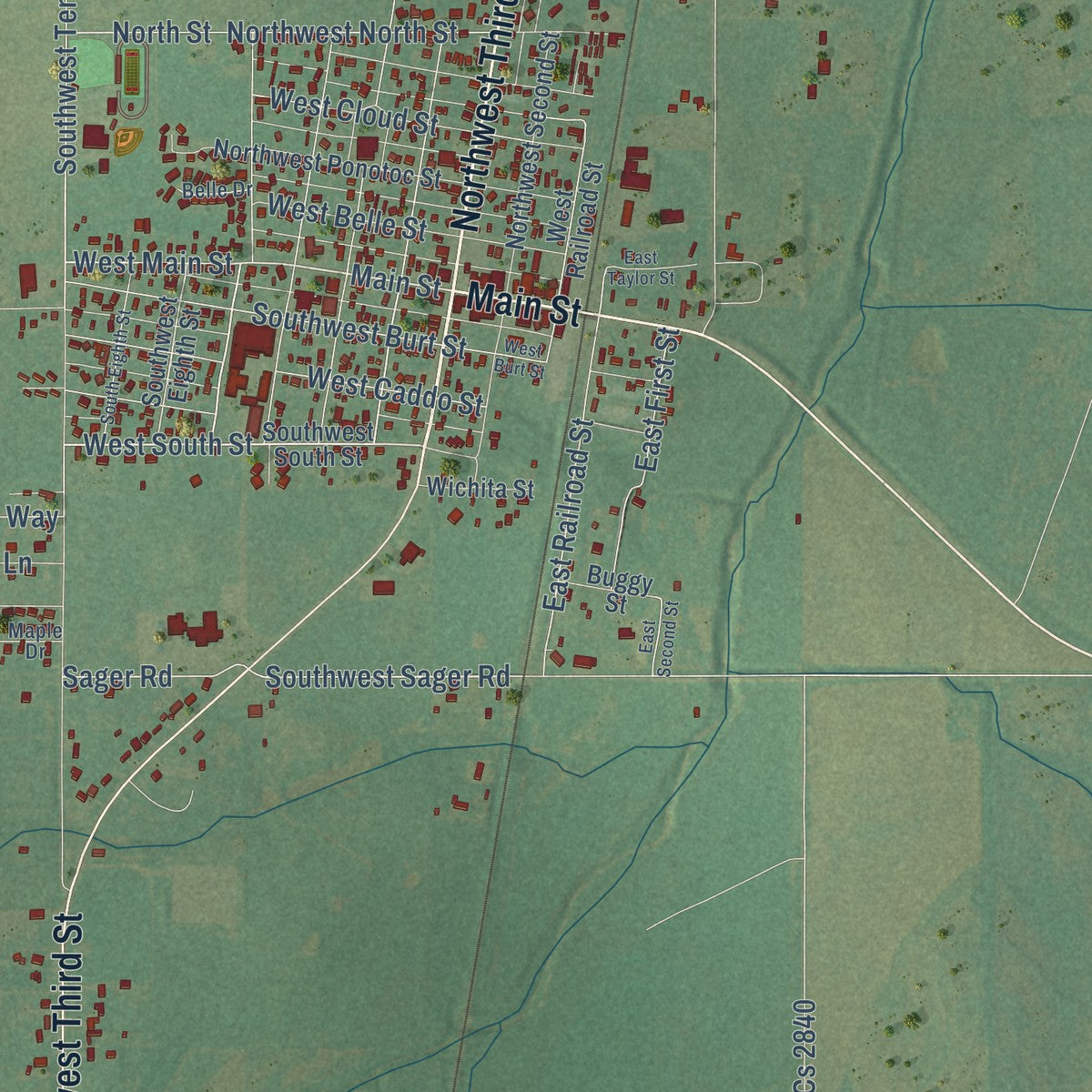 Close-up of the map of Minco, Oklahoma print showing street and building detail