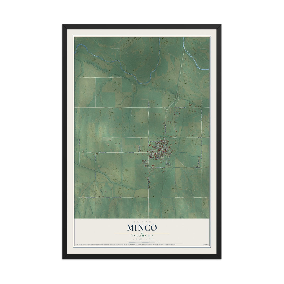 Map of Minco, Oklahoma, 12 x 18 inch print in a black wood frame