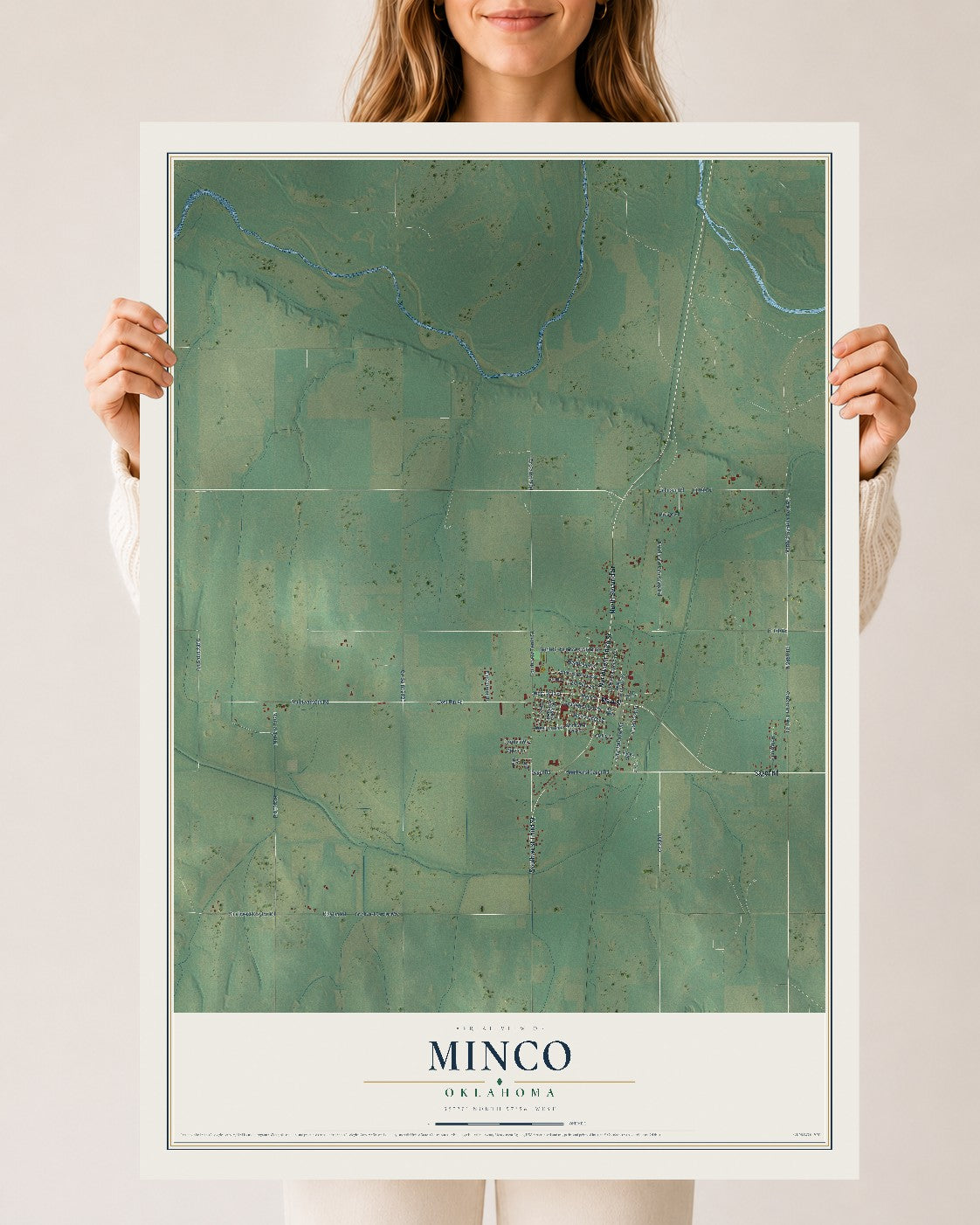 Map of Minco, Oklahoma, 24 x 36 inch unframed archival matte print