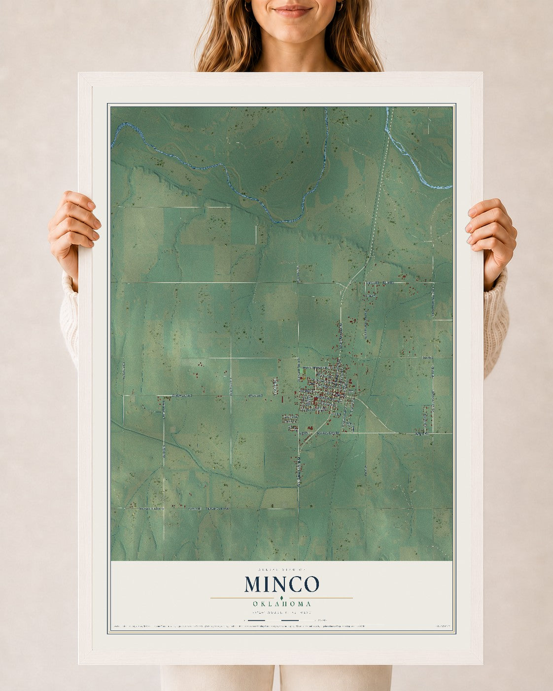 Map of Minco, Oklahoma, 24 x 36 inch print in a white wood frame