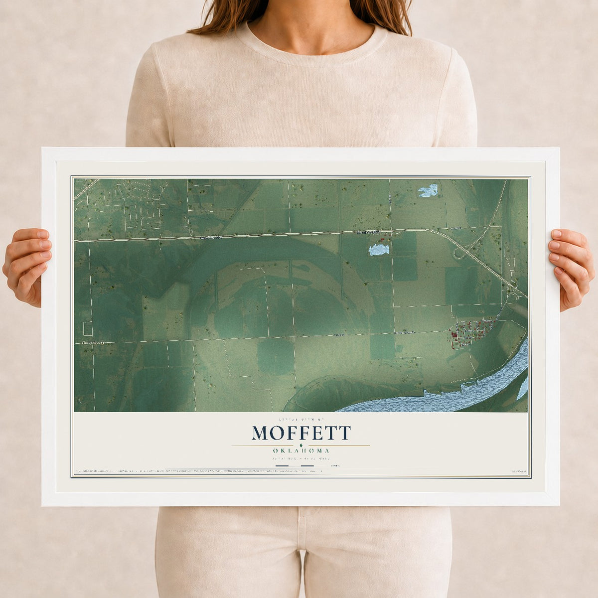 Map of Moffett, Oklahoma, 12 x 18 inch print in a white wood frame