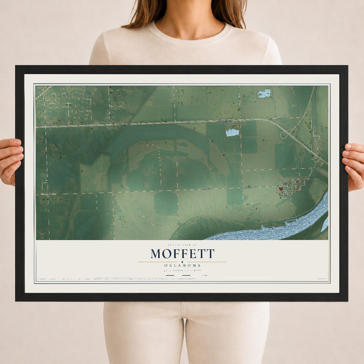 Map of Moffett, Oklahoma, 18 x 24 inch print in a black wood frame