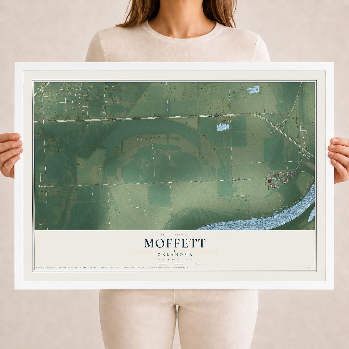 Map of Moffett, Oklahoma, 18 x 24 inch print in a white wood frame