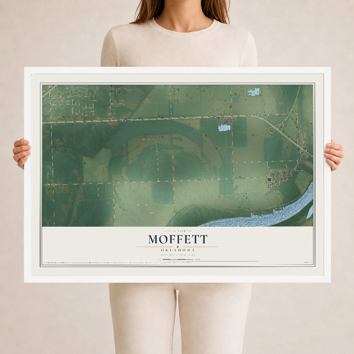 Map of Moffett, Oklahoma, 24 x 36 inch print in a white wood frame