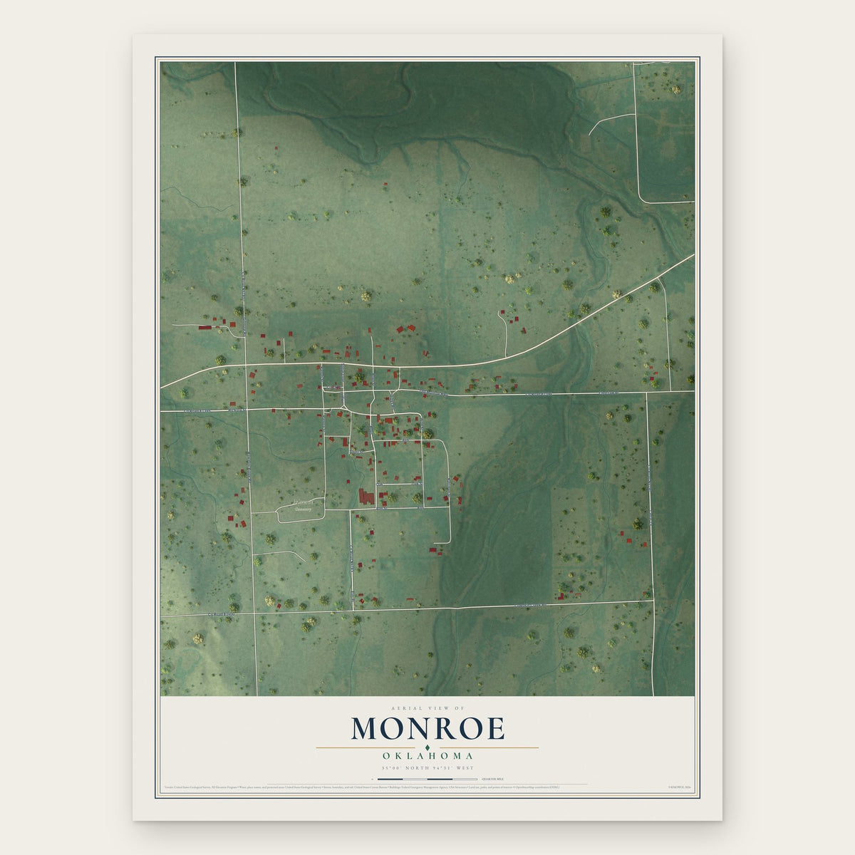 Monroe, Oklahoma map print, the full design
