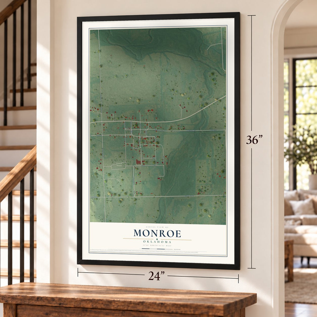 Monroe, Oklahoma map, 24 x 36 inch print in a black frame by a staircase
