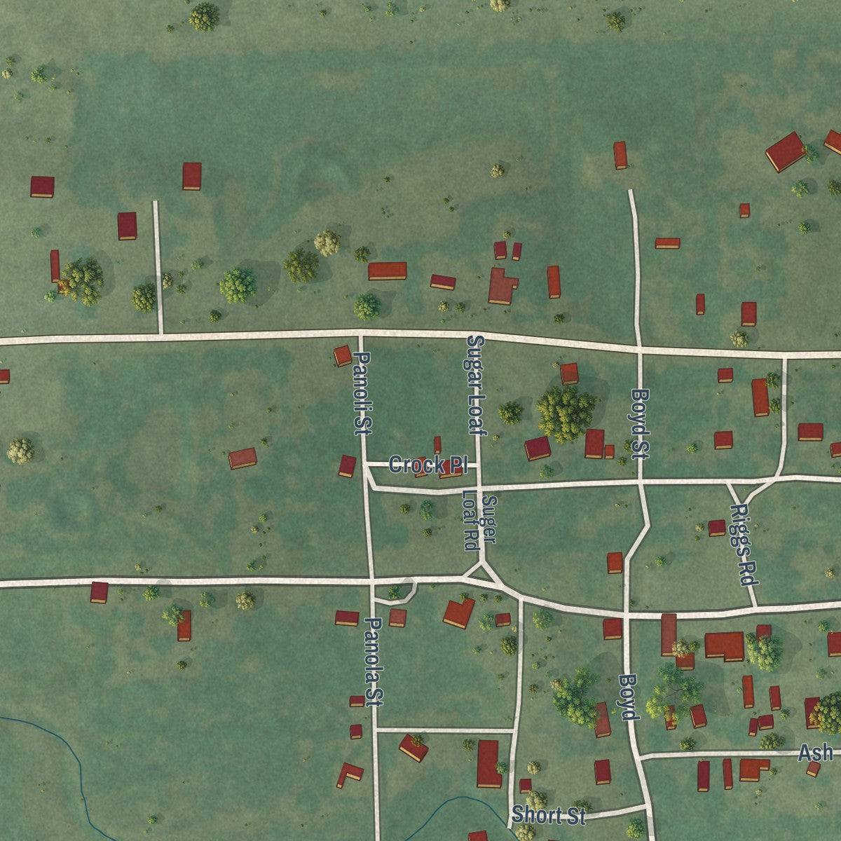 Close-up of the map of Monroe, Oklahoma print showing street and building detail