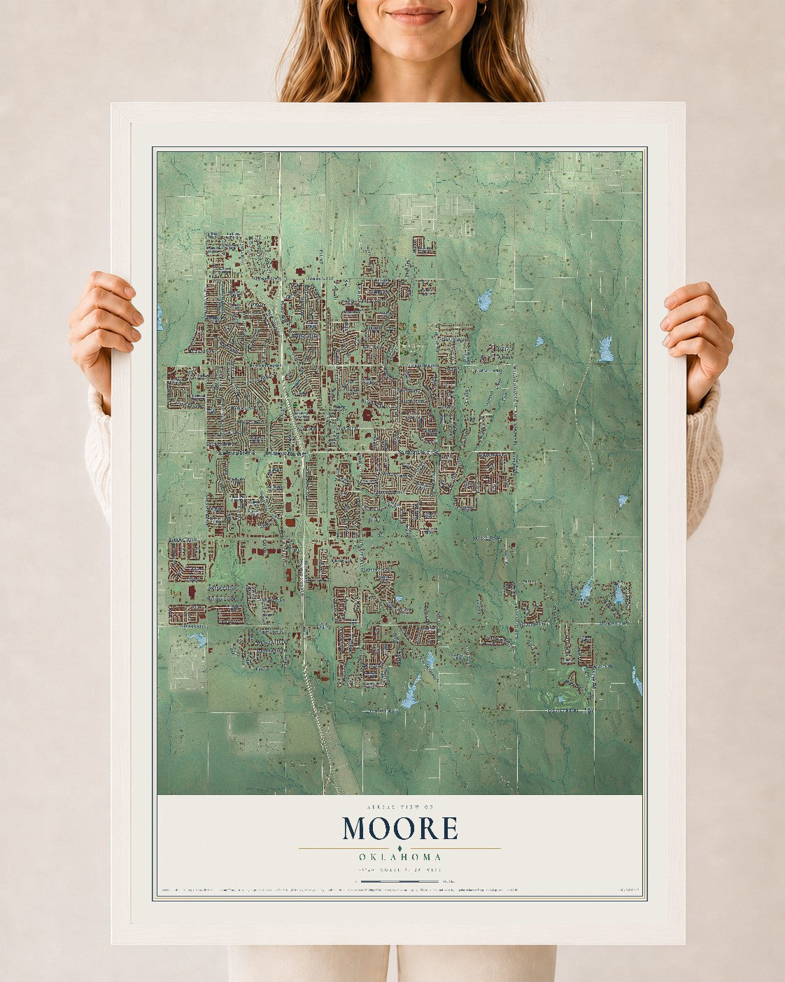 Map of Moore, Oklahoma, 24 x 36 inch print in a white wood frame