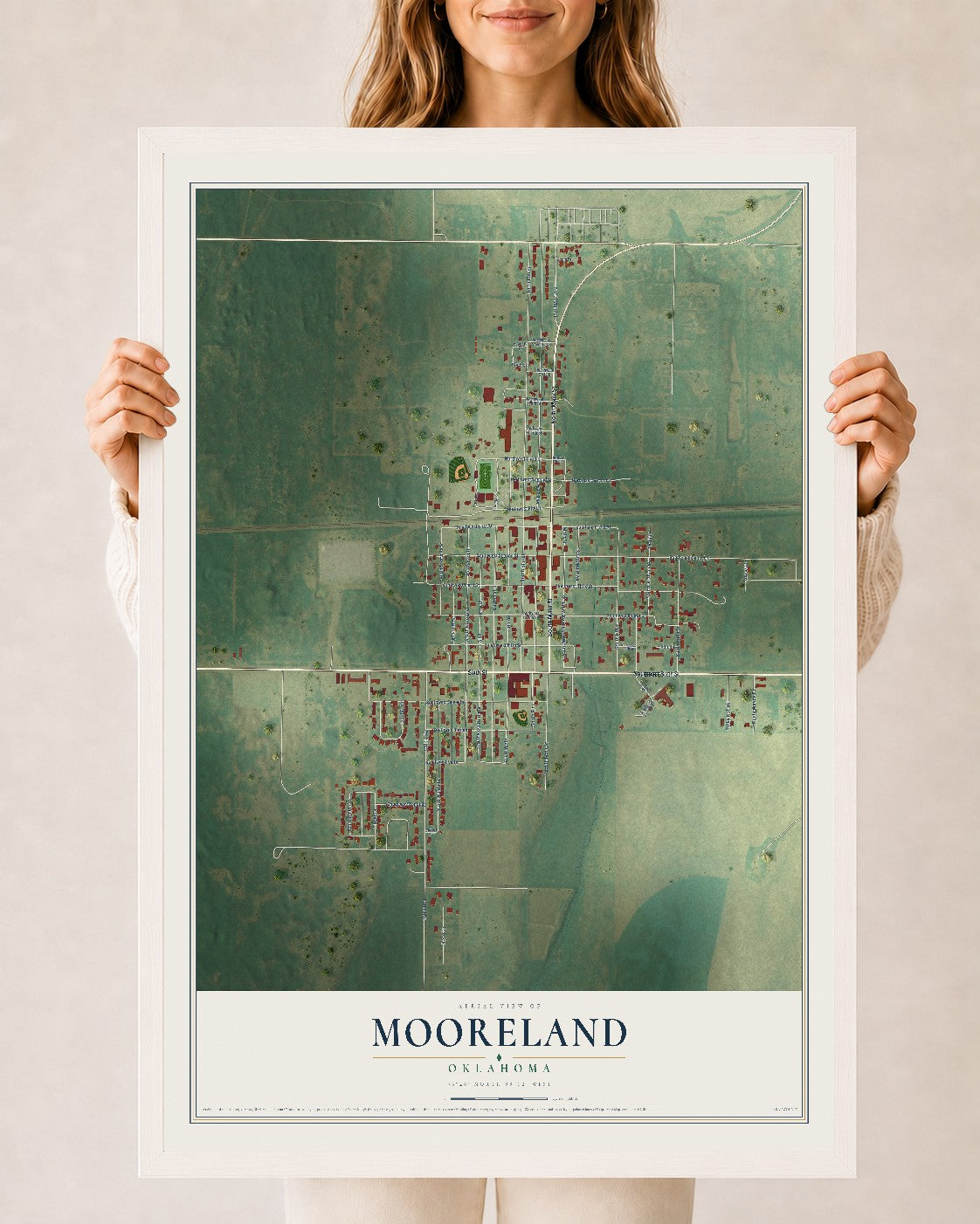 Map of Mooreland, Oklahoma, 24 x 36 inch print in a white wood frame