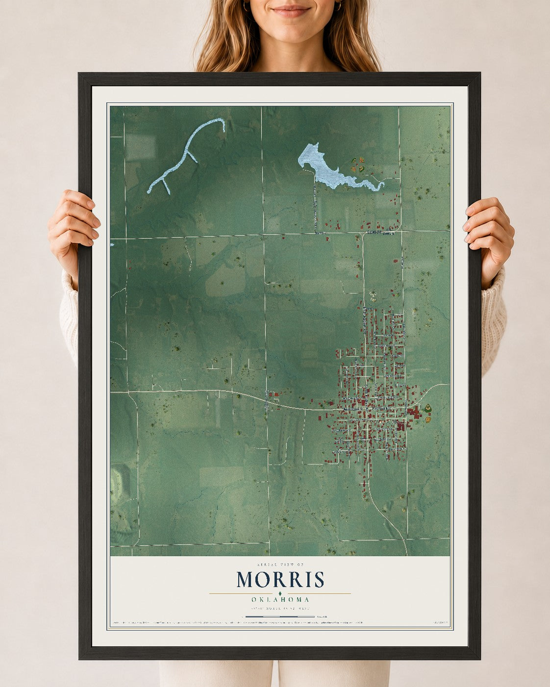 Map of Morris, Oklahoma, 24 x 36 inch print in a black wood frame