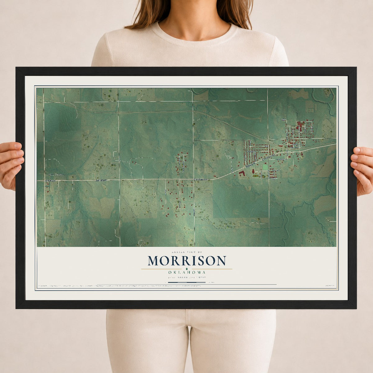 Map of Morrison, Oklahoma, 18 x 24 inch print in a black wood frame