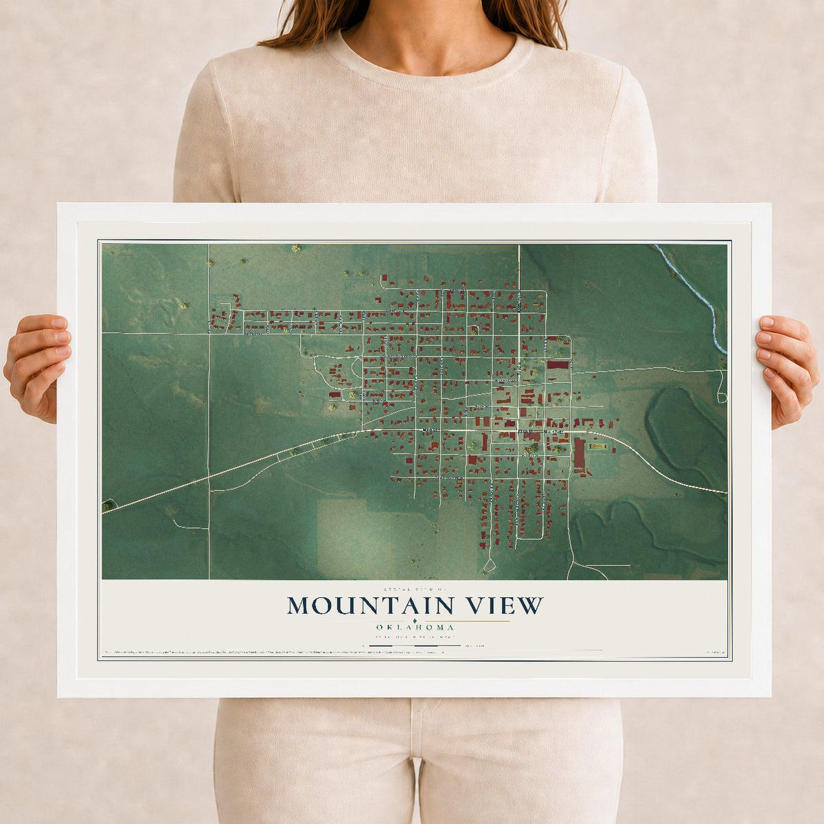 Map of Mountain View, Oklahoma, 12 x 18 inch print in a white wood frame