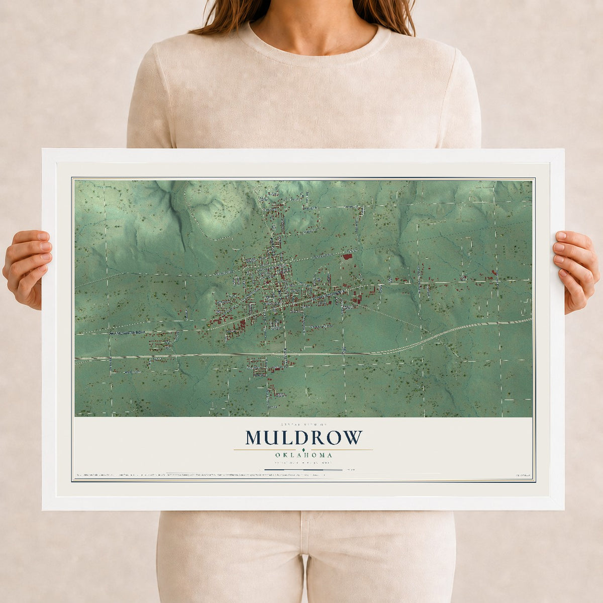 Map of Muldrow, Oklahoma, 12 x 18 inch print in a white wood frame