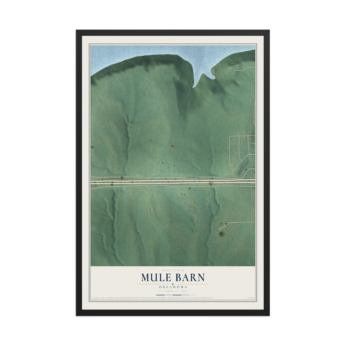 Map of Mule Barn, Oklahoma, 12 x 18 inch print in a black wood frame