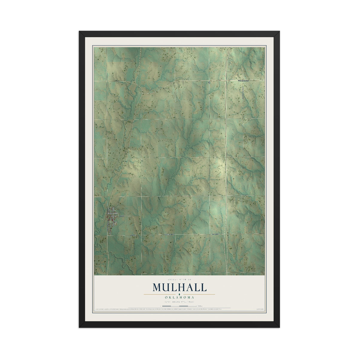 Map of Mulhall, Oklahoma, 12 x 18 inch print in a black wood frame