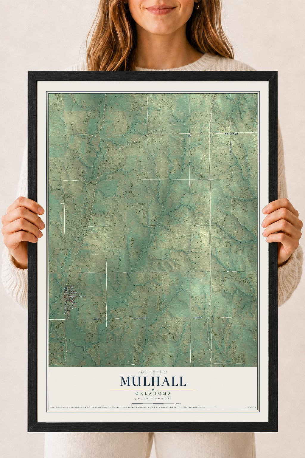 Map of Mulhall, Oklahoma, 18 x 24 inch print in a black wood frame