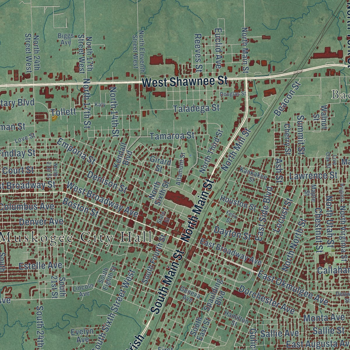 Close-up of the map of Muskogee, Oklahoma print showing street and building detail
