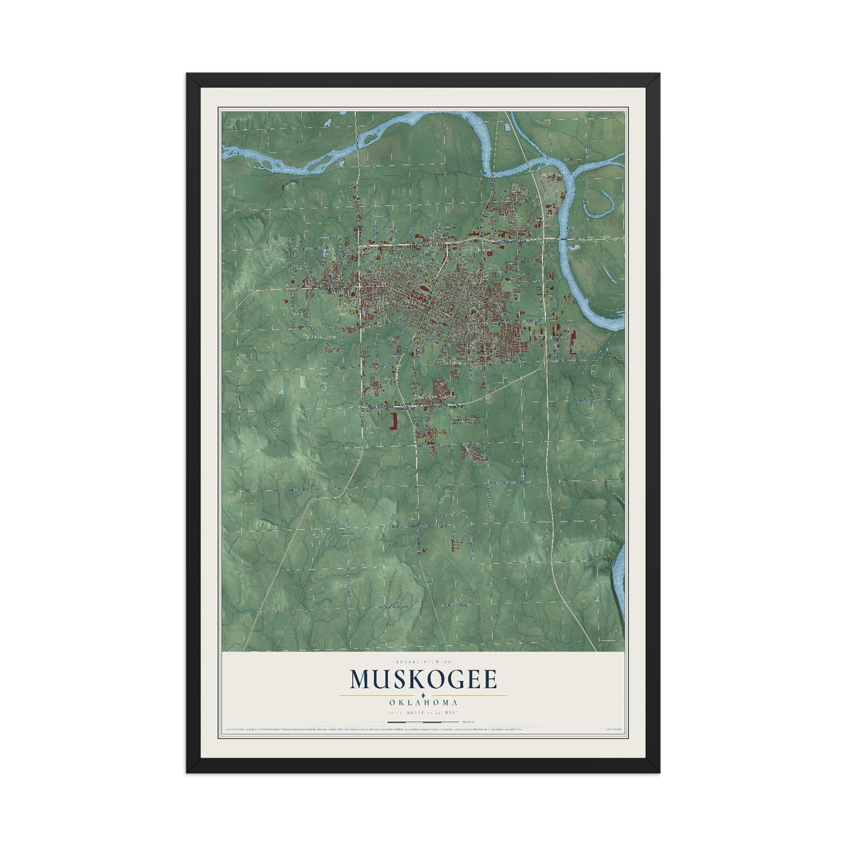 Map of Muskogee, Oklahoma, 12 x 18 inch print in a black wood frame