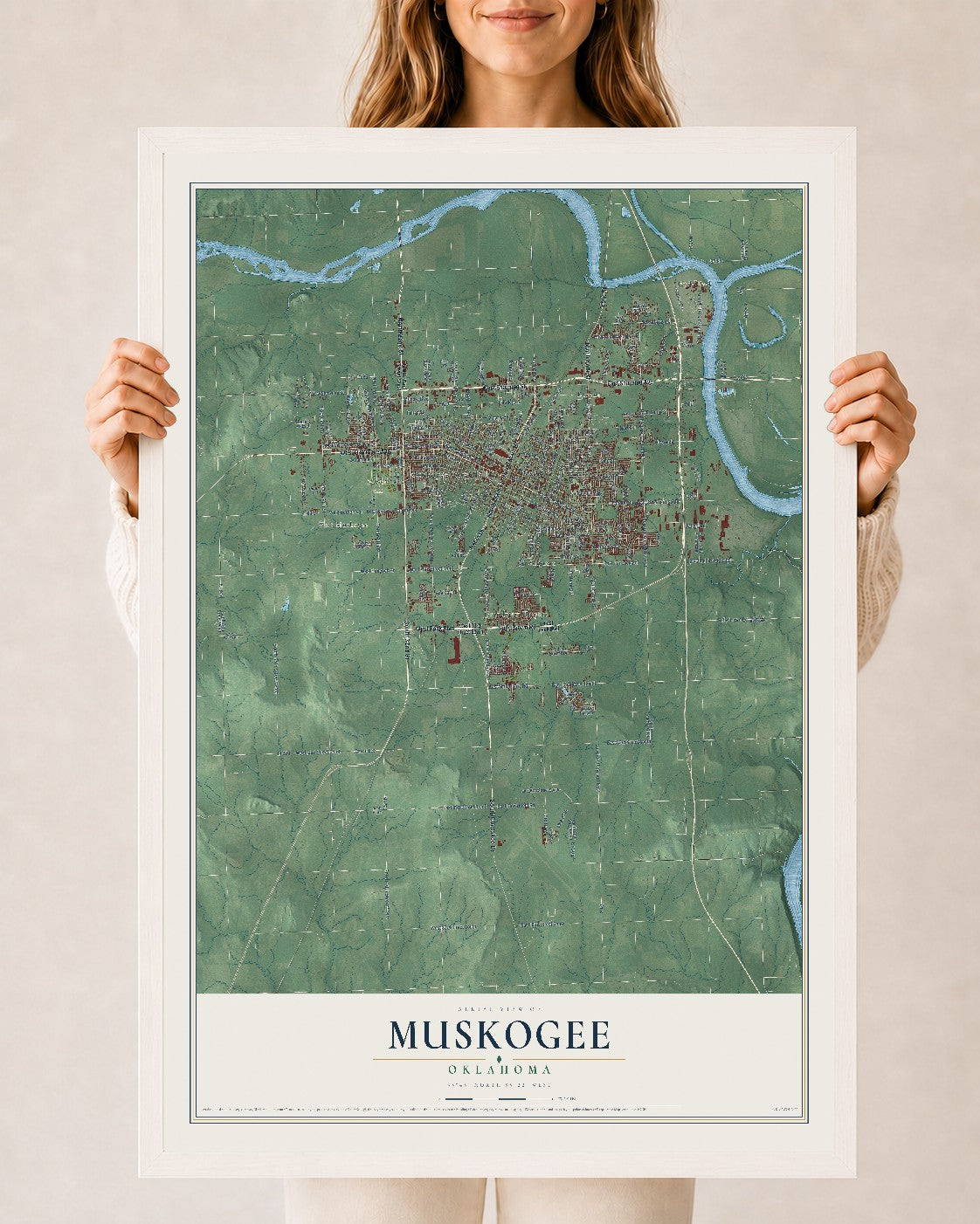 Map of Muskogee, Oklahoma, 24 x 36 inch print in a white wood frame