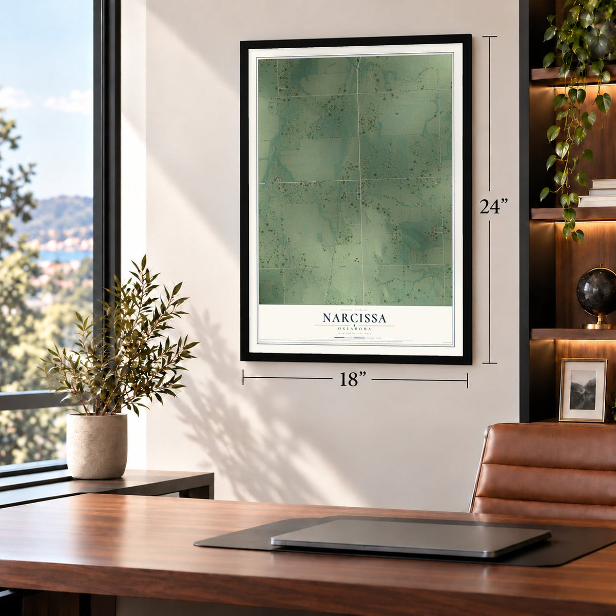 Narcissa, Oklahoma map, 18 x 24 inch print in a black frame in a home office