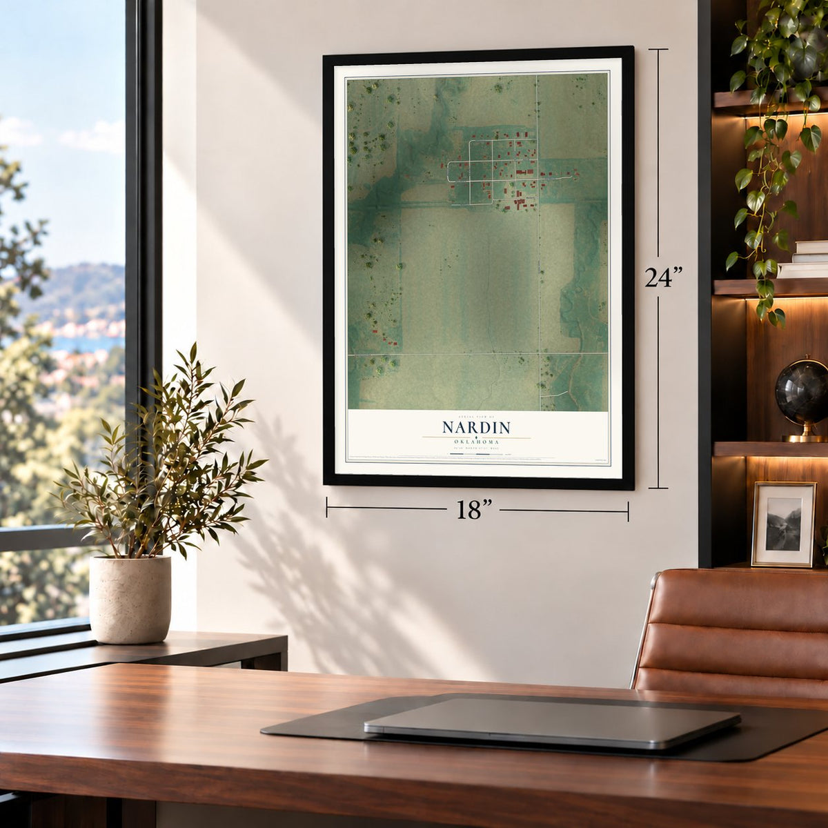 Nardin, Oklahoma map, 18 x 24 inch print in a black frame in a home office