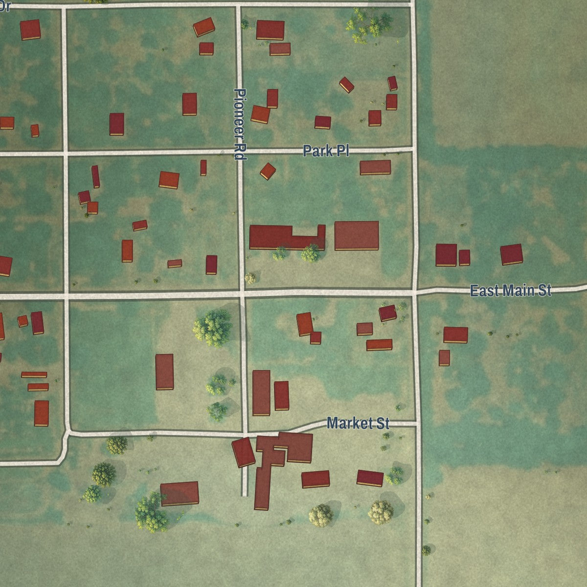 Close-up of the map of Nardin, Oklahoma print showing street and building detail