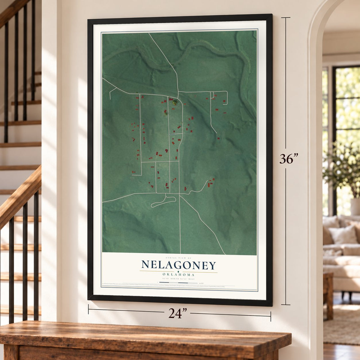 Nelagoney, Oklahoma map, 24 x 36 inch print in a black frame by a staircase