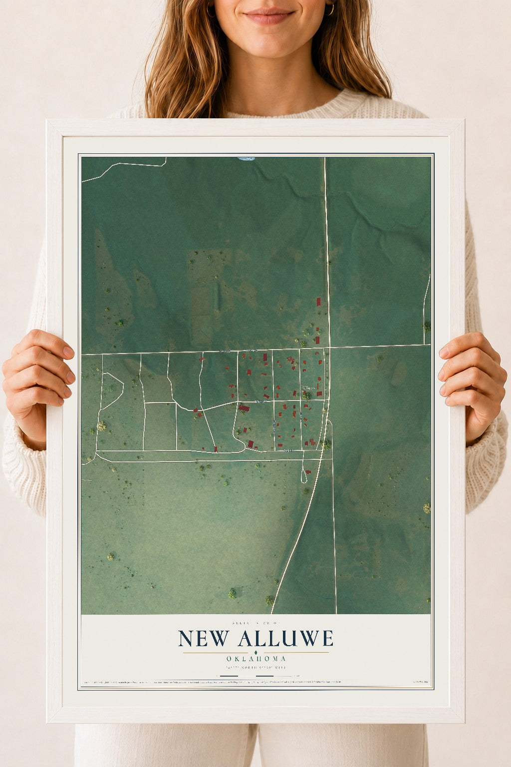 Map of New Alluwe, Oklahoma, 18 x 24 inch print in a white wood frame