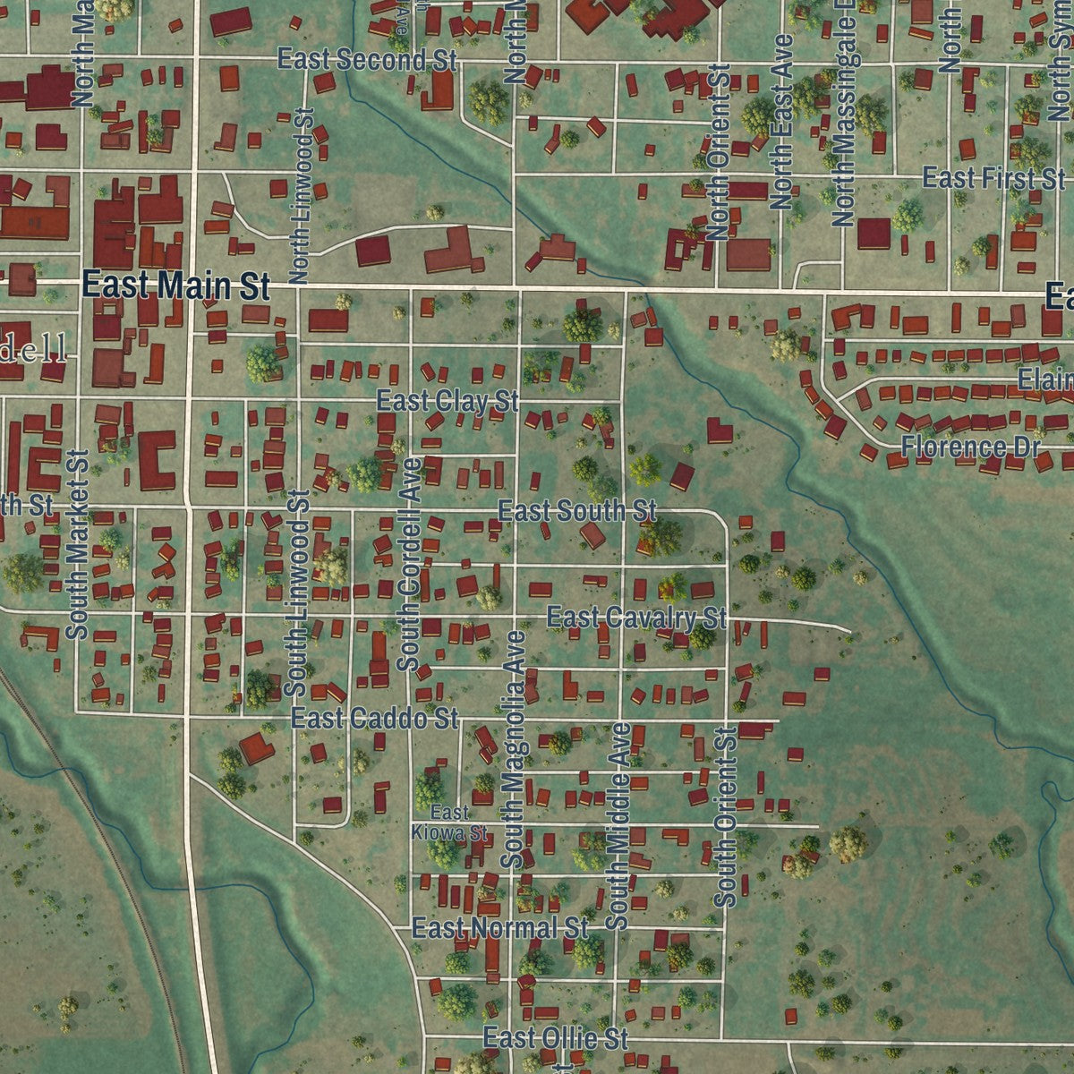 Close-up of the map of New Cordell, Oklahoma print showing street and building detail