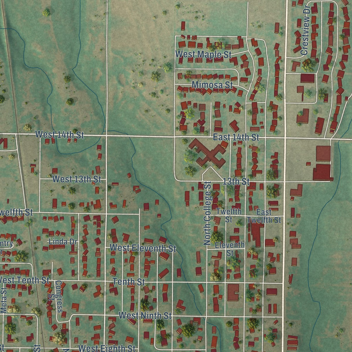 Second close-up of the map of New Cordell, Oklahoma print showing more streets and buildings