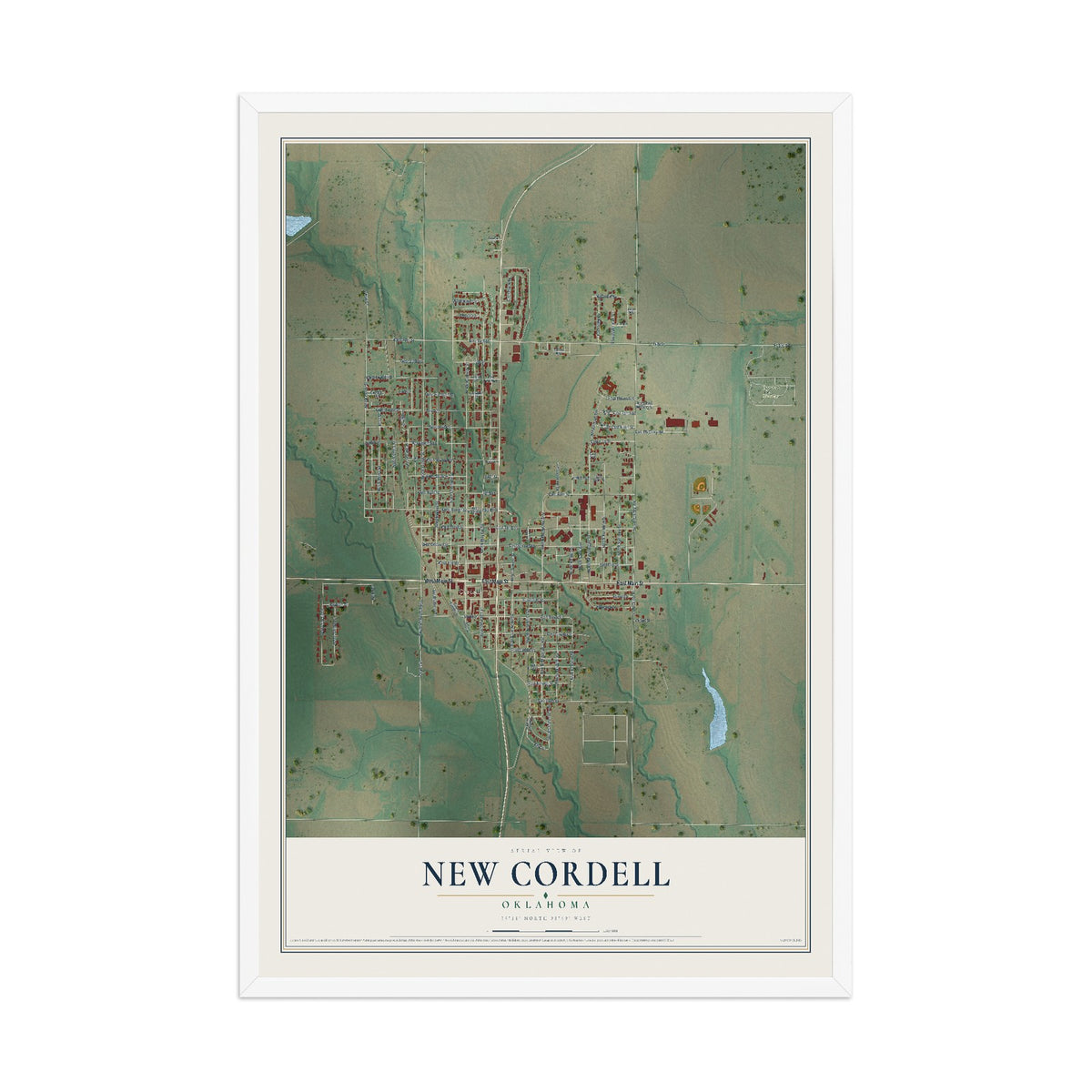 Map of New Cordell, Oklahoma, 12 x 18 inch print in a white wood frame