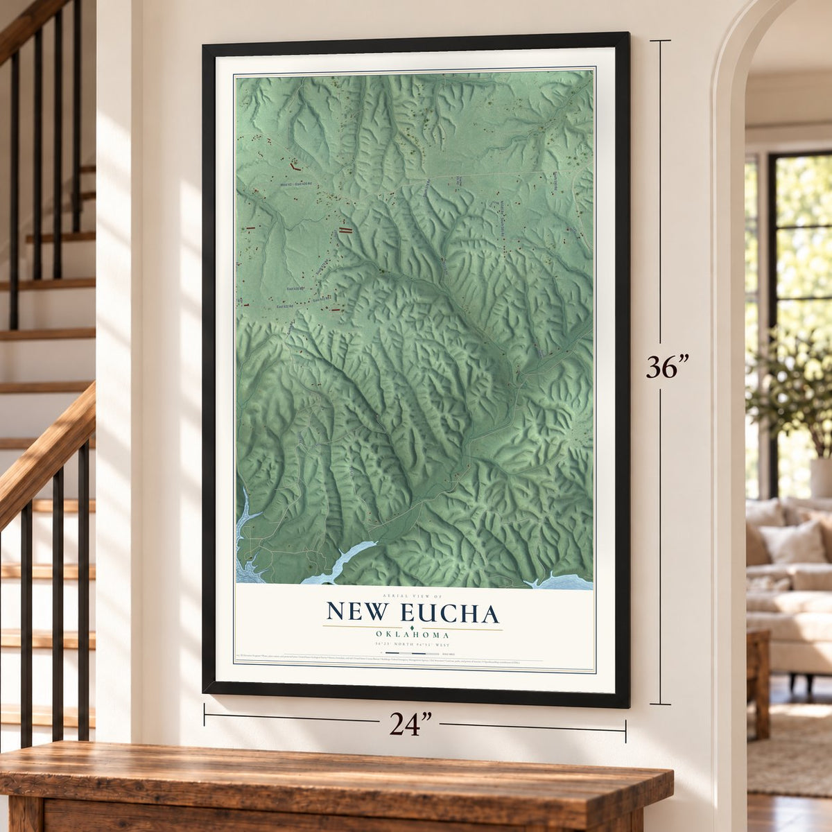 New Eucha, Oklahoma map, 24 x 36 inch print in a black frame by a staircase