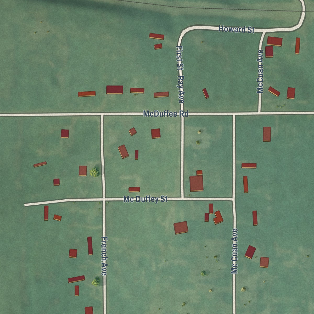 Close-up of the map of New Woodville, Oklahoma print showing street and building detail