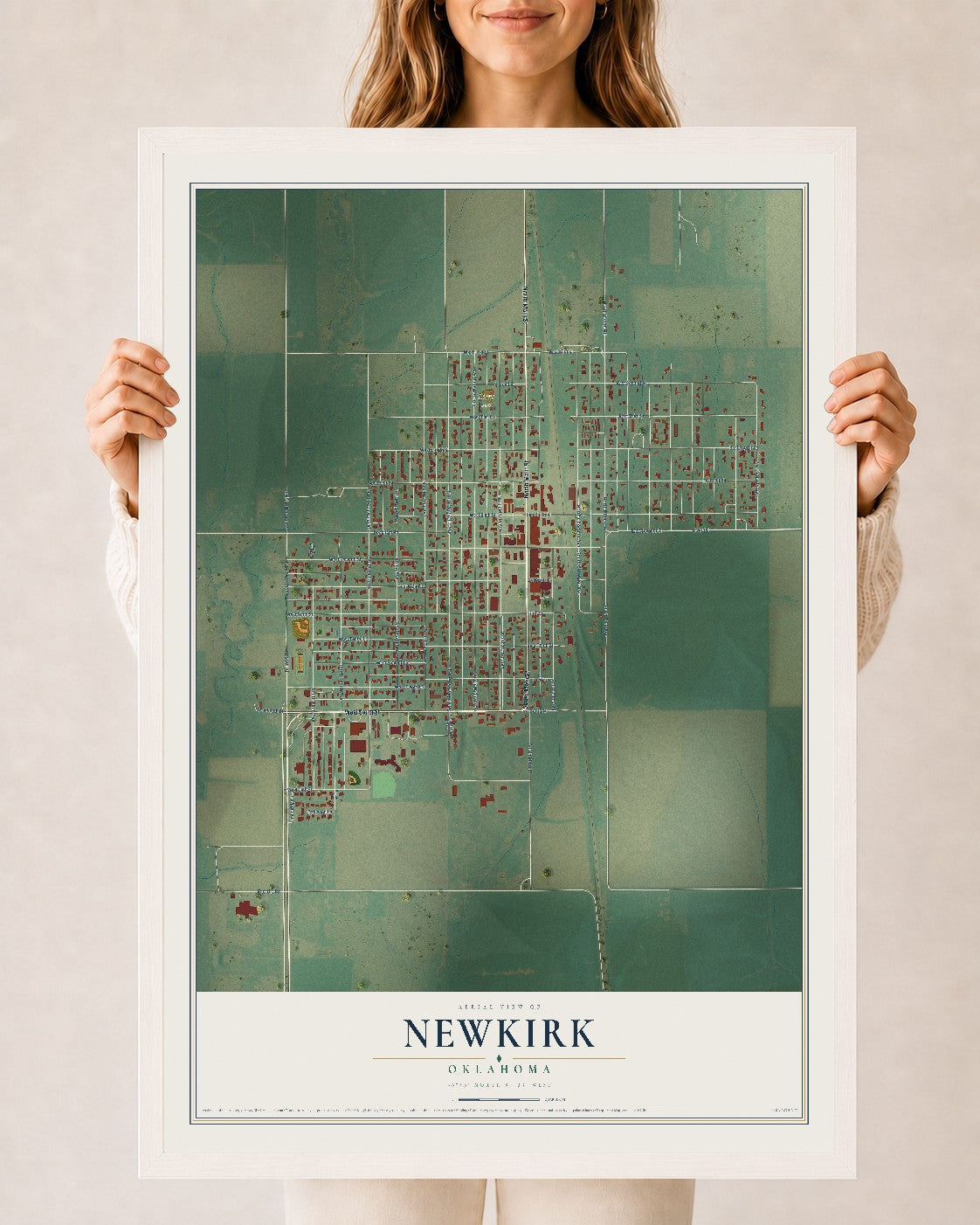 Map of Newkirk, Oklahoma, 24 x 36 inch print in a white wood frame