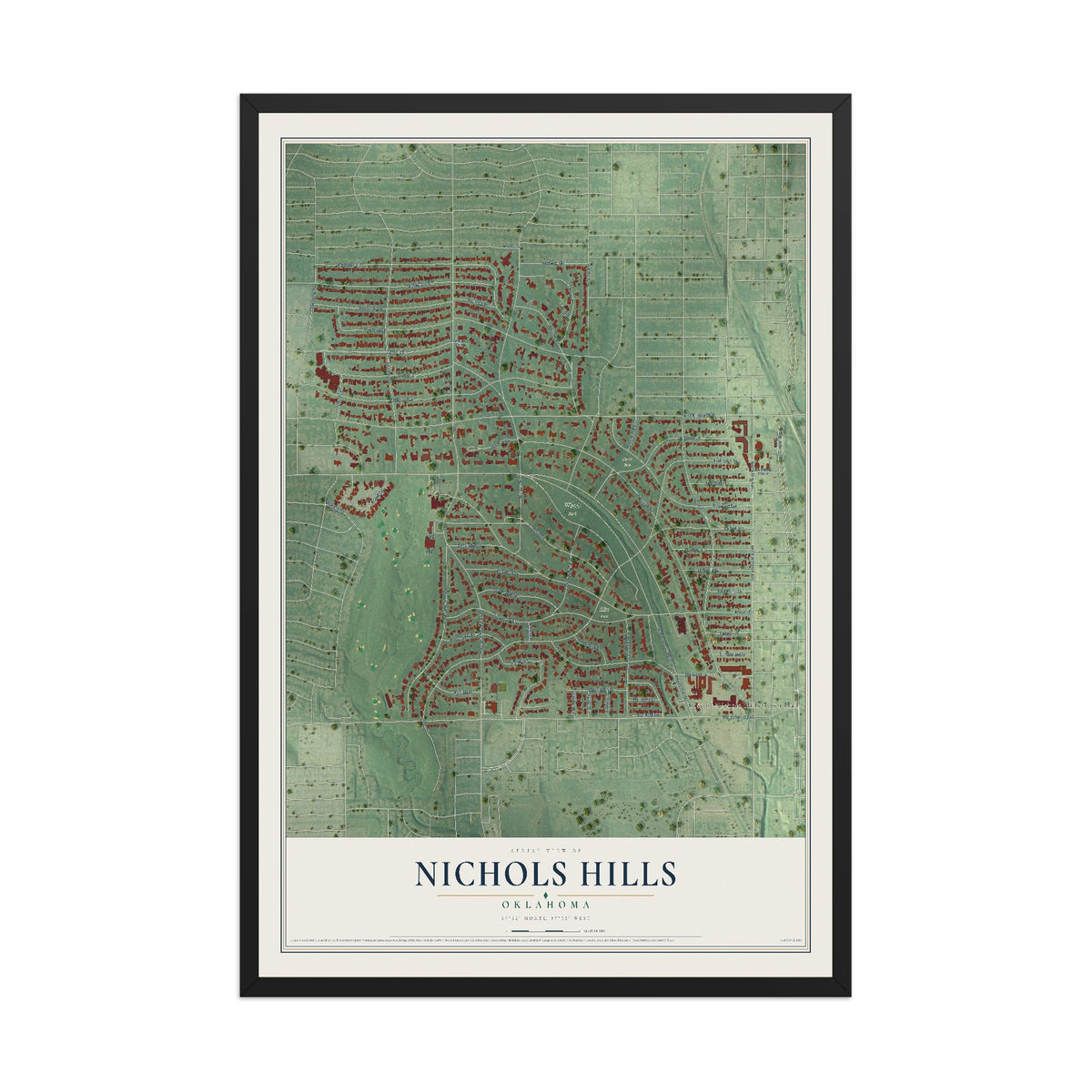 Map of Nichols Hills, Oklahoma, 12 x 18 inch print in a black wood frame