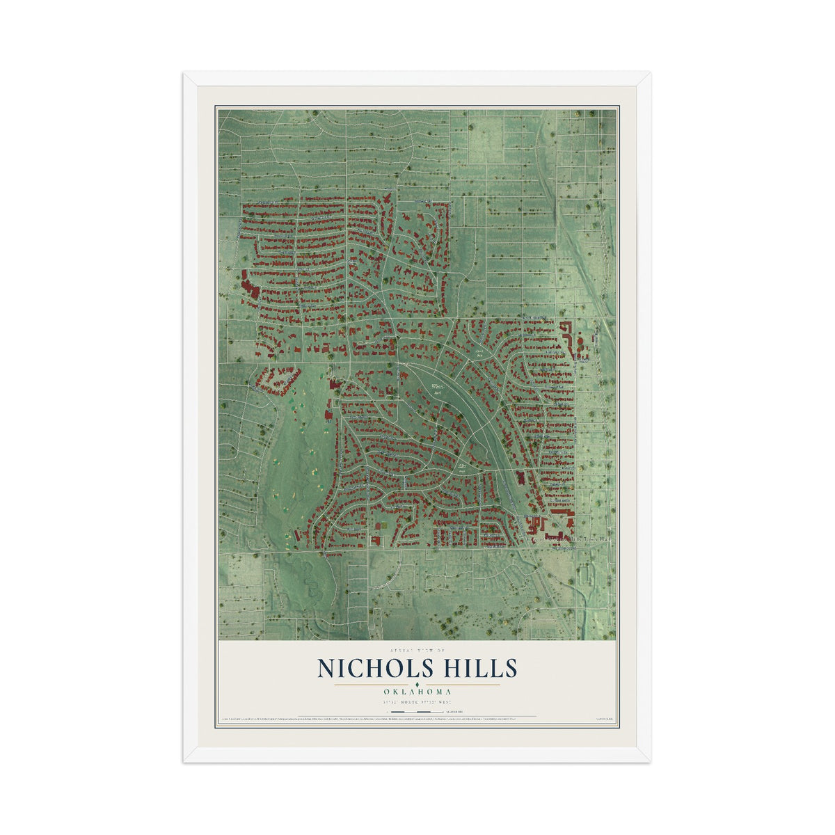 Map of Nichols Hills, Oklahoma, 12 x 18 inch print in a white wood frame