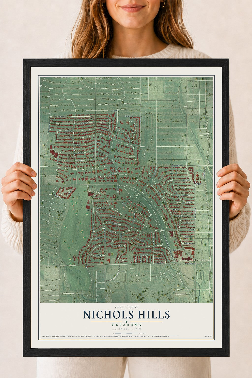 Map of Nichols Hills, Oklahoma, 18 x 24 inch print in a black wood frame