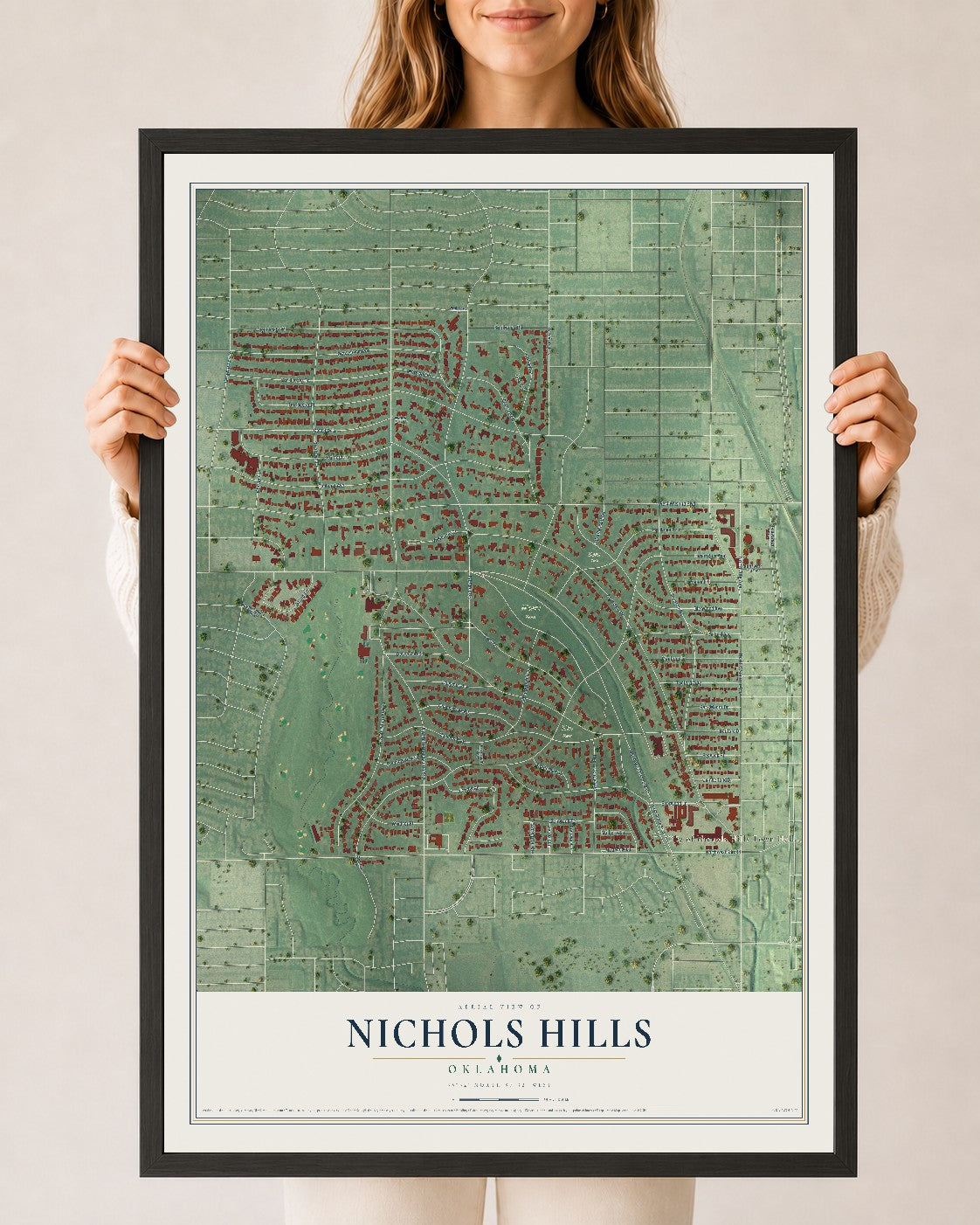Map of Nichols Hills, Oklahoma, 24 x 36 inch print in a black wood frame