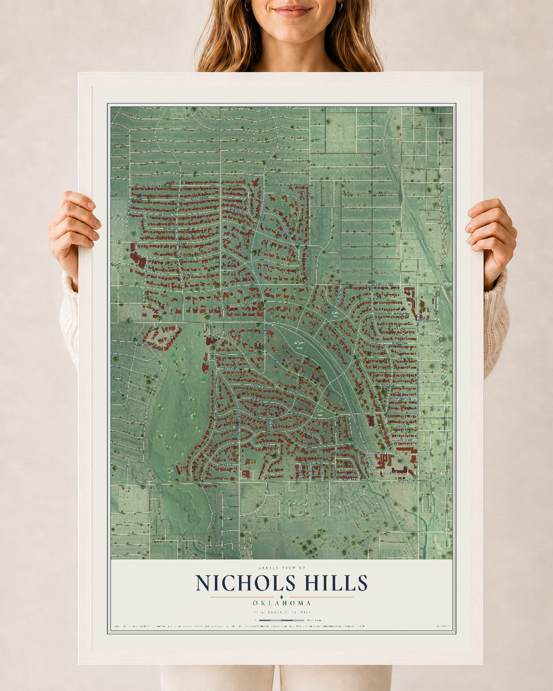 Map of Nichols Hills, Oklahoma, 24 x 36 inch print in a white wood frame