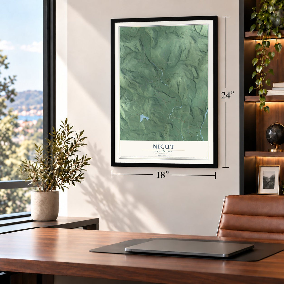 Nicut, Oklahoma map, 18 x 24 inch print in a black frame in a home office