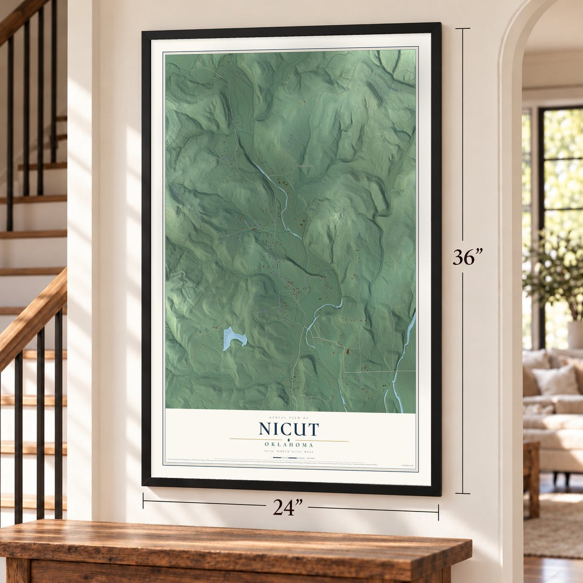 Nicut, Oklahoma map, 24 x 36 inch print in a black frame by a staircase
