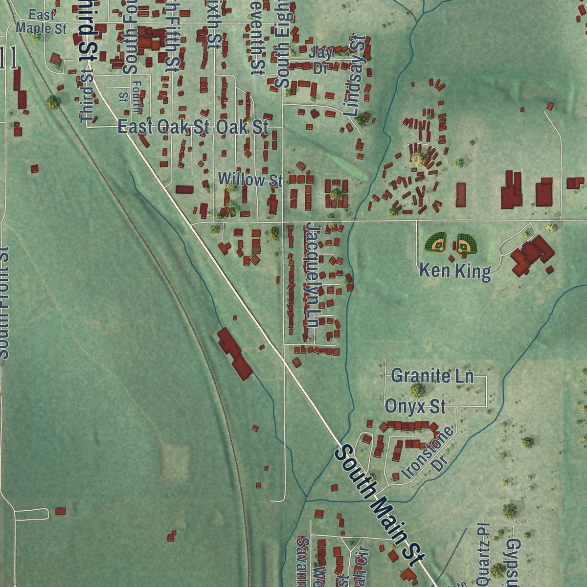 Second close-up of the map of Noble, Oklahoma print showing more streets and buildings