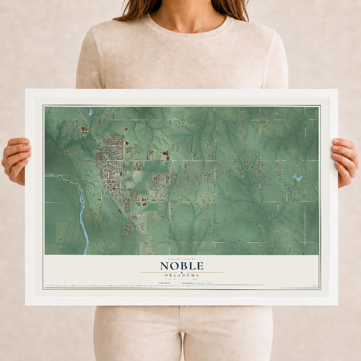 Map of Noble, Oklahoma, 12 x 18 inch print in a white wood frame