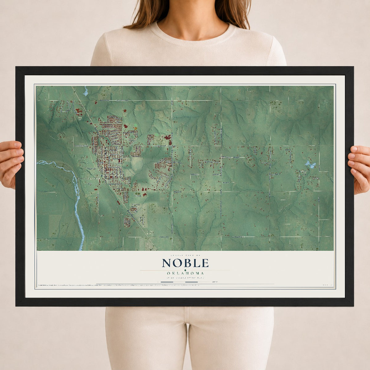 Map of Noble, Oklahoma, 18 x 24 inch print in a black wood frame